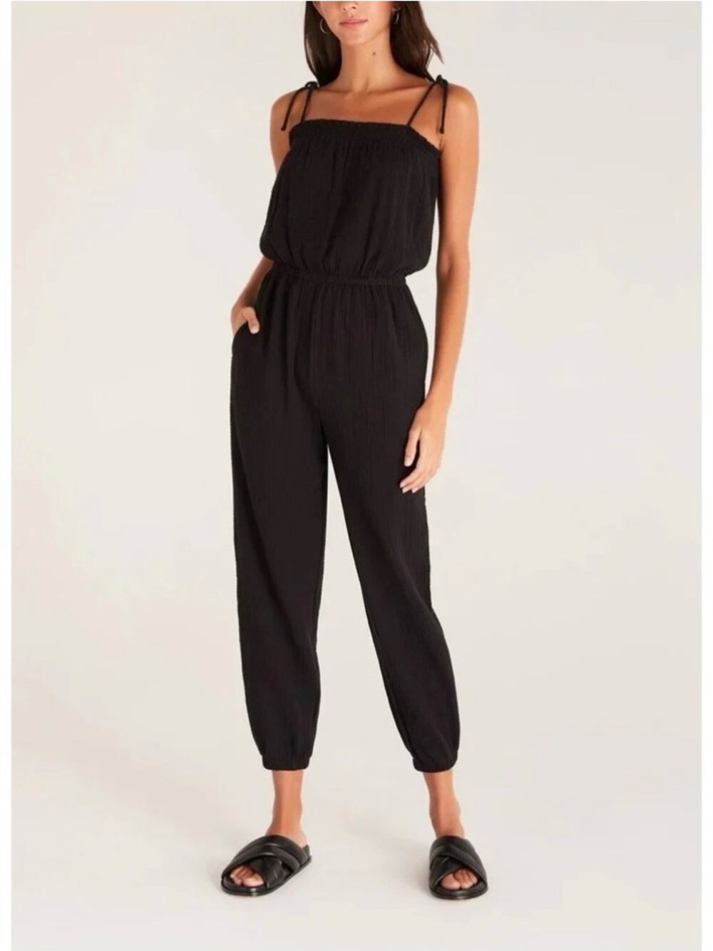 Z Supply Black Gauze Tie Strap Wide Leg Jumpsuit M